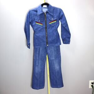 Vintage Donmoor Girls Denim Jacket & Pants Set Size 10 Western 70s Blue